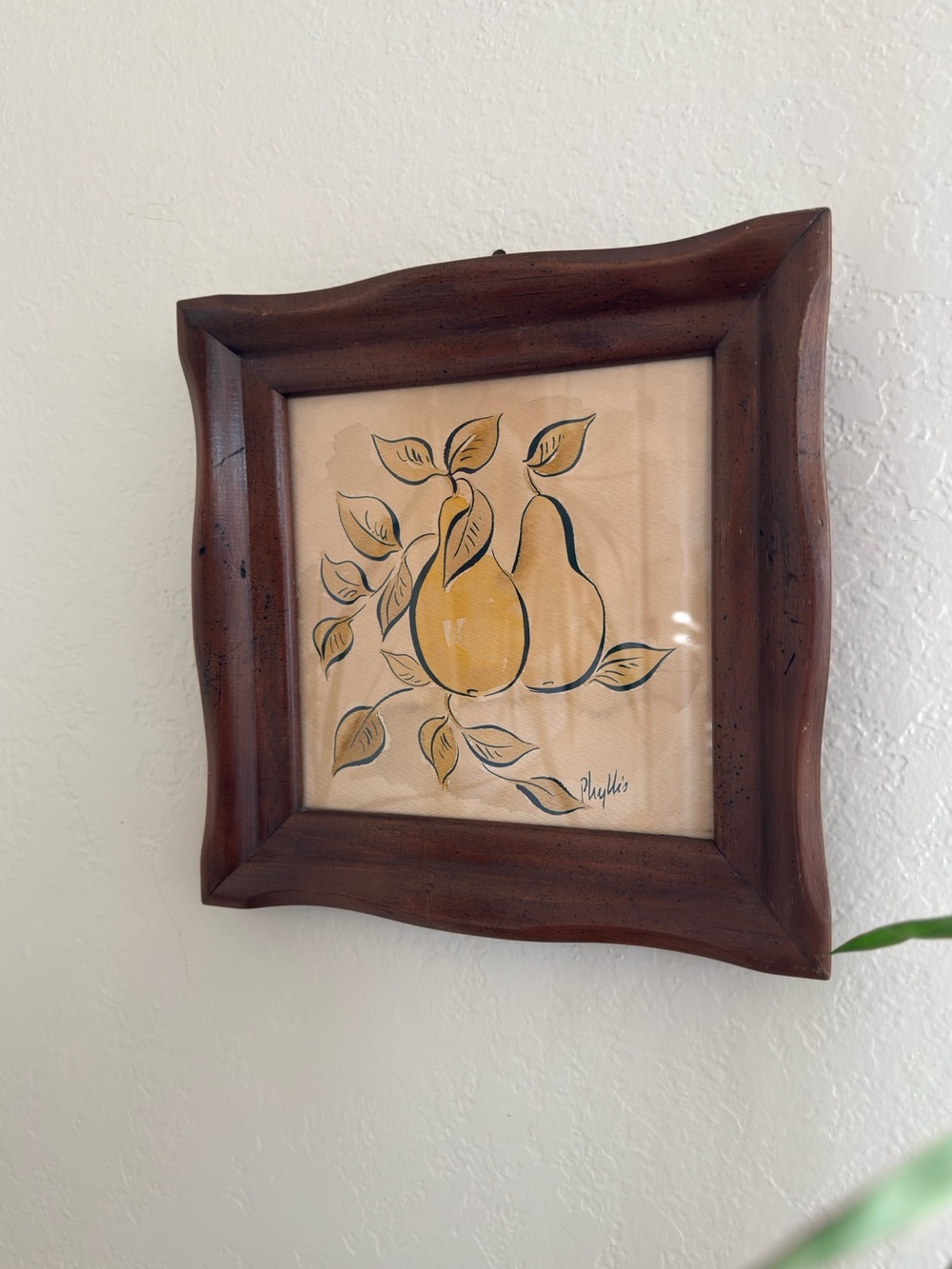 Vintage Hand-Painted Pear Artwork in Brown Frame - Yellow Pears